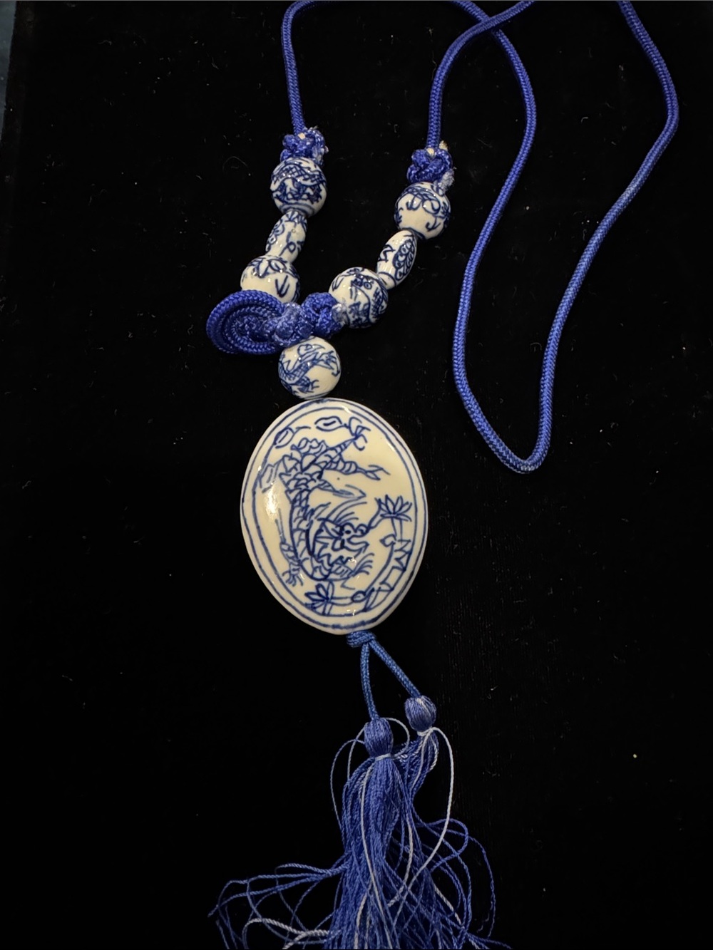 Vintage Chinese Blue & White Porcelain Dragon Pendant Tassel Necklace